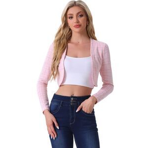 Vintage Crop Shrugs Bolero Open Front Plaid Tweed Cardigan Pink